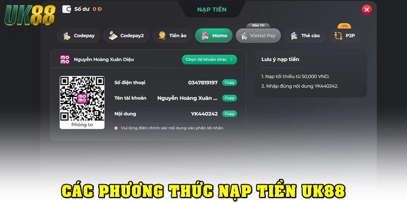 Các phương thức nạp tiền UK88 mới nhất 2025